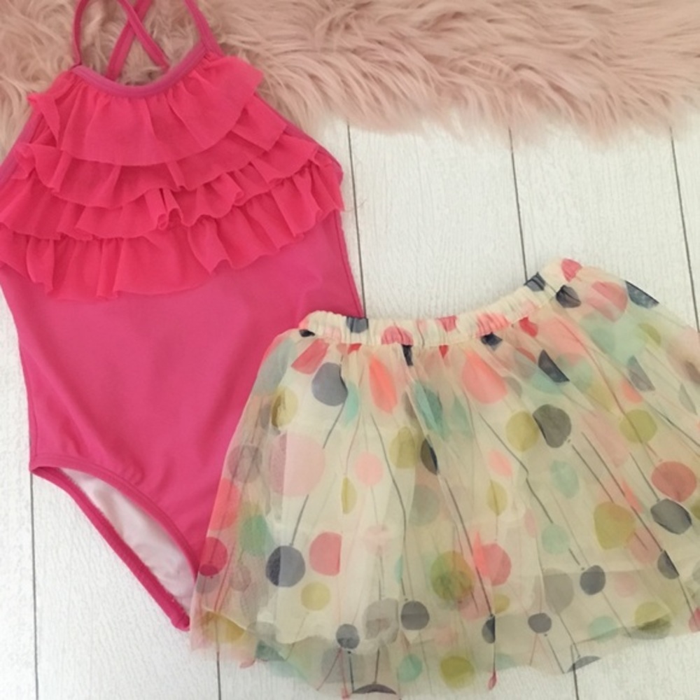 Circo Cherokee Girls Pink Ruffle Swimsuit + Polla Dot Tulle Tutu 2-Piece Bundle